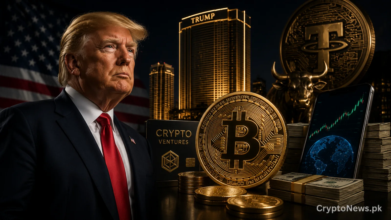 Donald Trump beside Bitcoin, cash and luxury assets, representing his disclosed income from cryptocurrency ventures