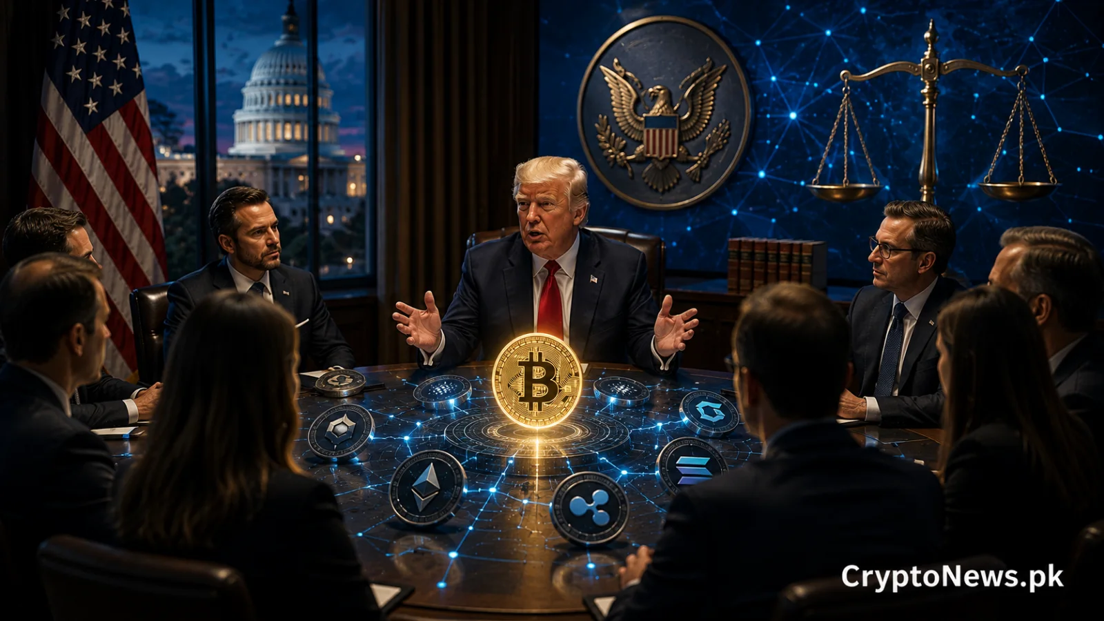 Donald Trump meeting with crypto industry leaders amid SEC regulatory scrutiny, with Bitcoin and blockchain symbols representing debate over clearer U.S. digital asset rules.