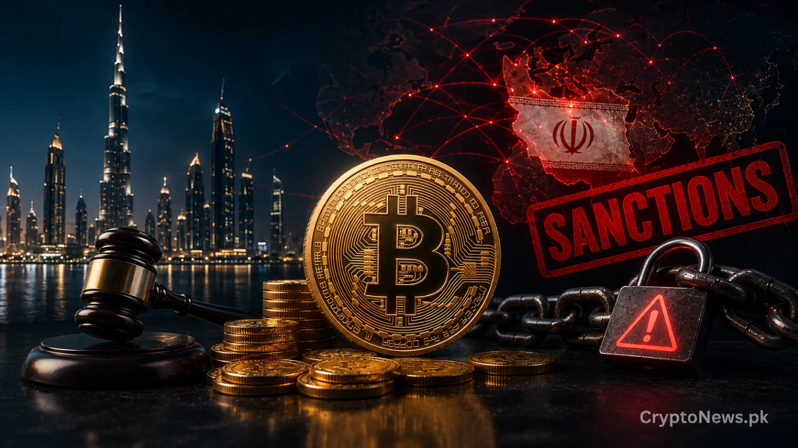 Gold Bitcoin coin between Dubai’s skyline, a judge’s gavel and a chained warning lock, illustrating an alleged Iran sanctions-evasion network