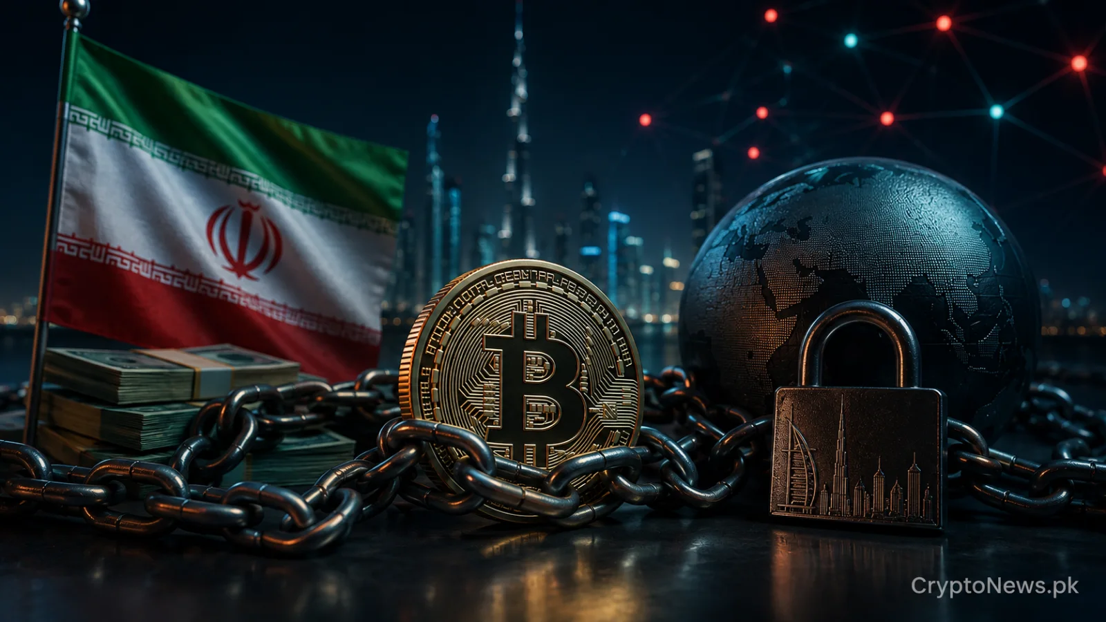 Chained Bitcoin, Iranian flag and Dubai skyline representing a crypto sanctions-evasion investigation.