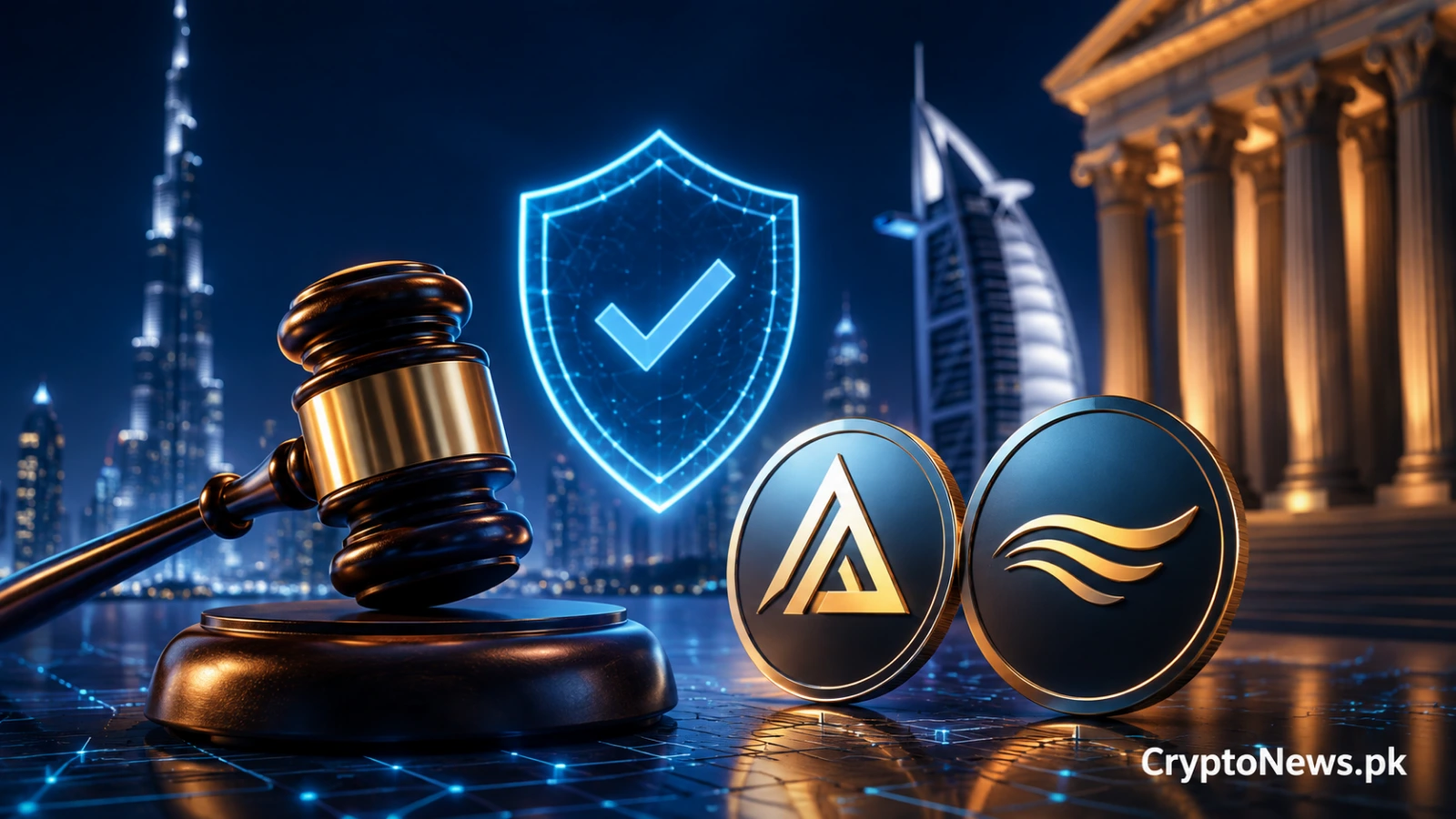 Dubai crypto regulation concept showing a judge’s gavel, regulatory approval shield, and digital asset tokens representing VARA licenses for ARP Digital and Flowdesk