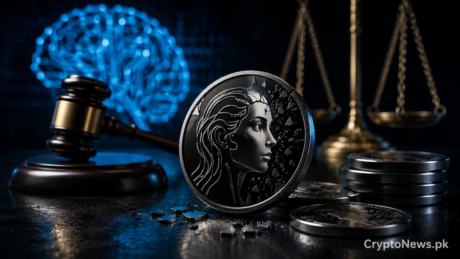 A collapsing AI-themed crypto token beside a judge’s gavel, symbolizing ELIZAOS shutting down after a legal settlement.