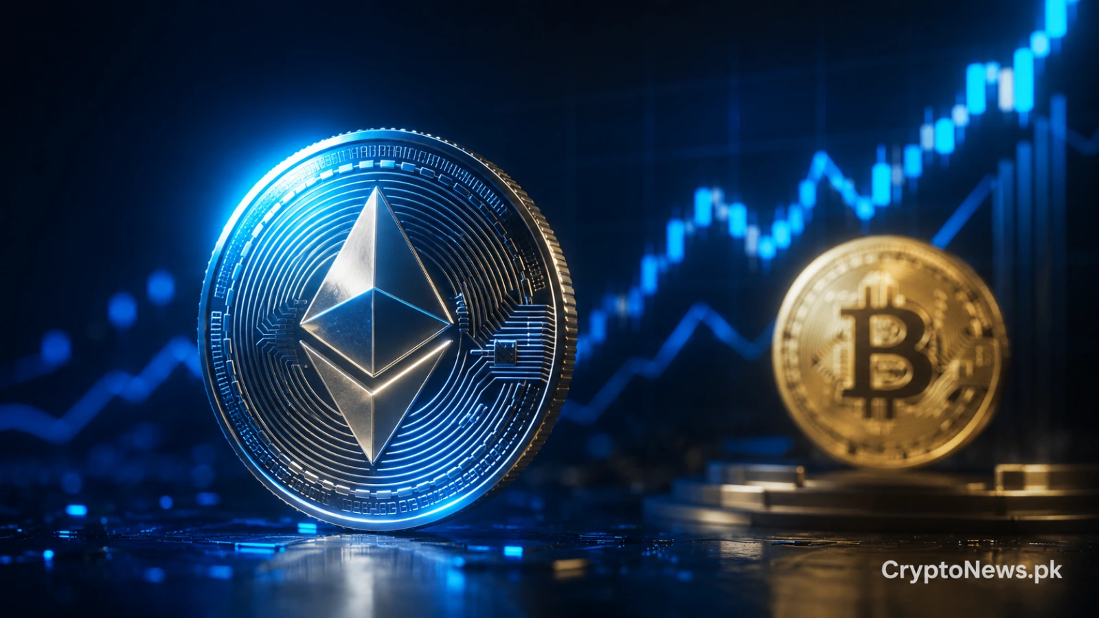 Metallic Ethereum coin surging with blue market momentum while Bitcoin remains stable in the dark background