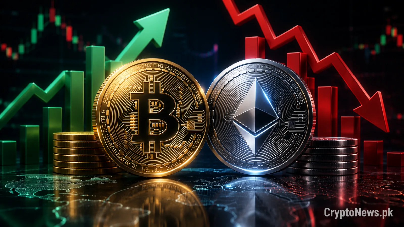 Gold Bitcoin and silver Ethereum coins against contrasting inflow and outflow charts, representing mixed weekly ETF performance amid market volatility