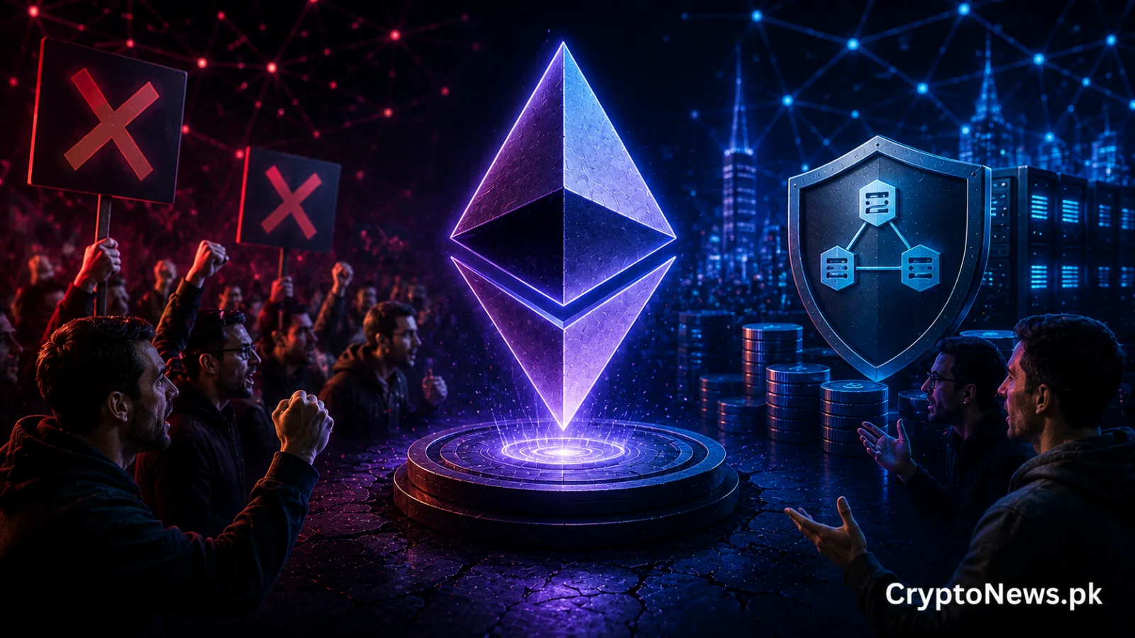 ایتھریم کمیونٹی کی EIP-8363 اسٹیکنگ تبدیلی کے خلاف مزاحمت، جس میں ETH، ویلیڈیٹرز اور مخالف گروپس دکھائے گئے ہیں۔