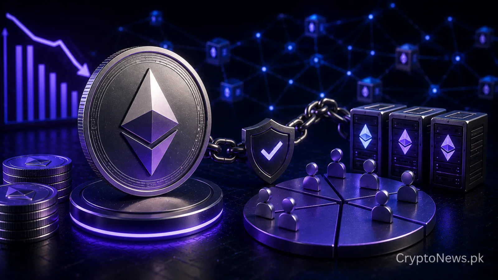 Ethereum coin beside a capped staking meter and burning validator rewards, illustrating EIP-8361’s proposal to limit staking dominance and protect decentralization.