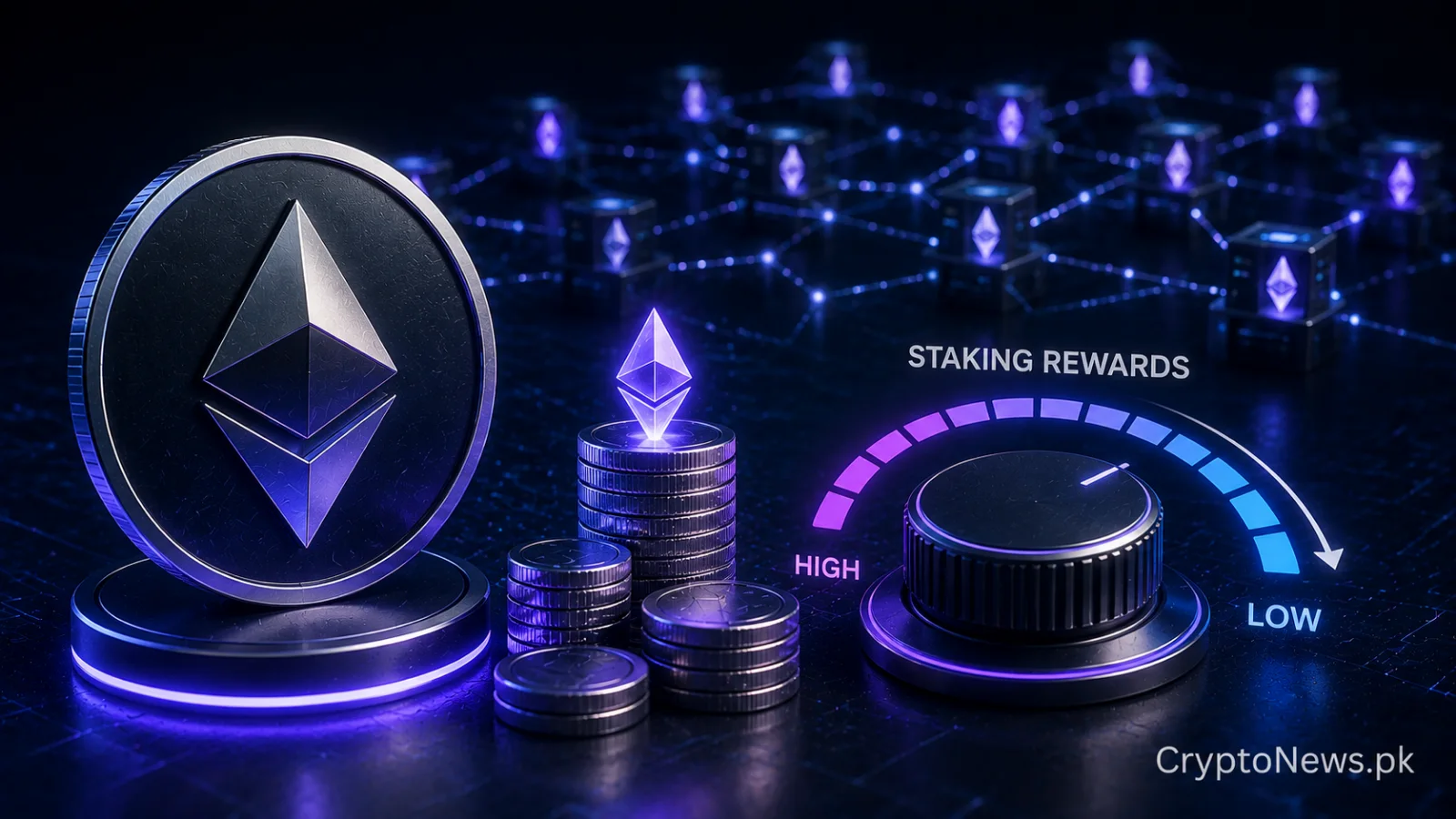 Ethereum coin balanced between validator rewards and decentralization nodes, illustrating proposed staking cuts aimed at limiting network centralization.