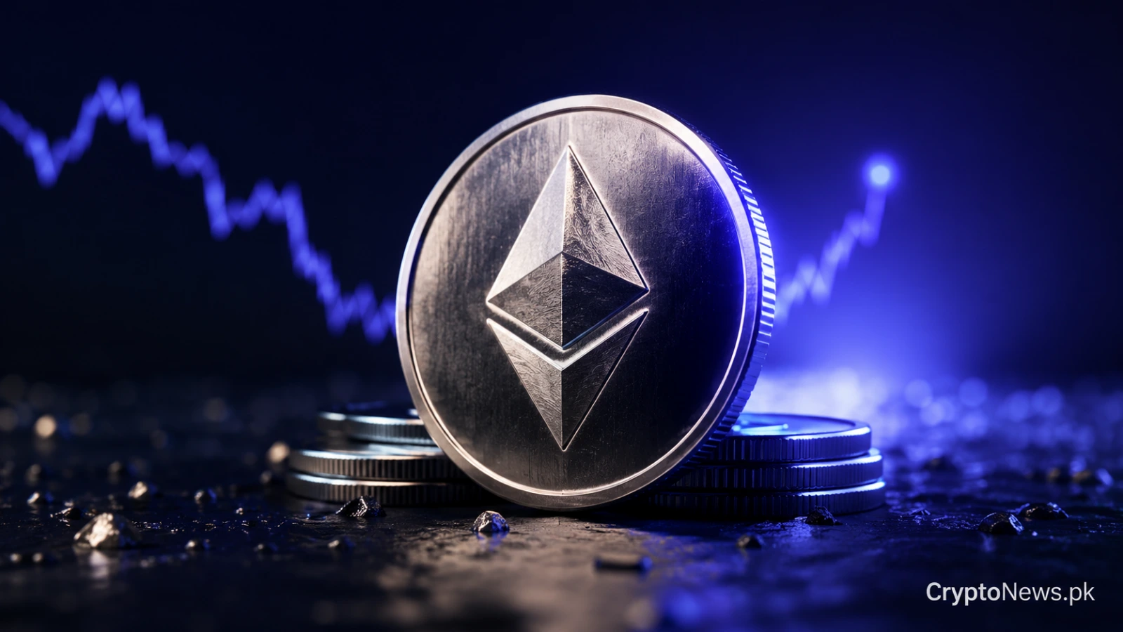 Silver Ethereum coin with a recovering market chart, representing a potential ETH bottom against Bitcoin.