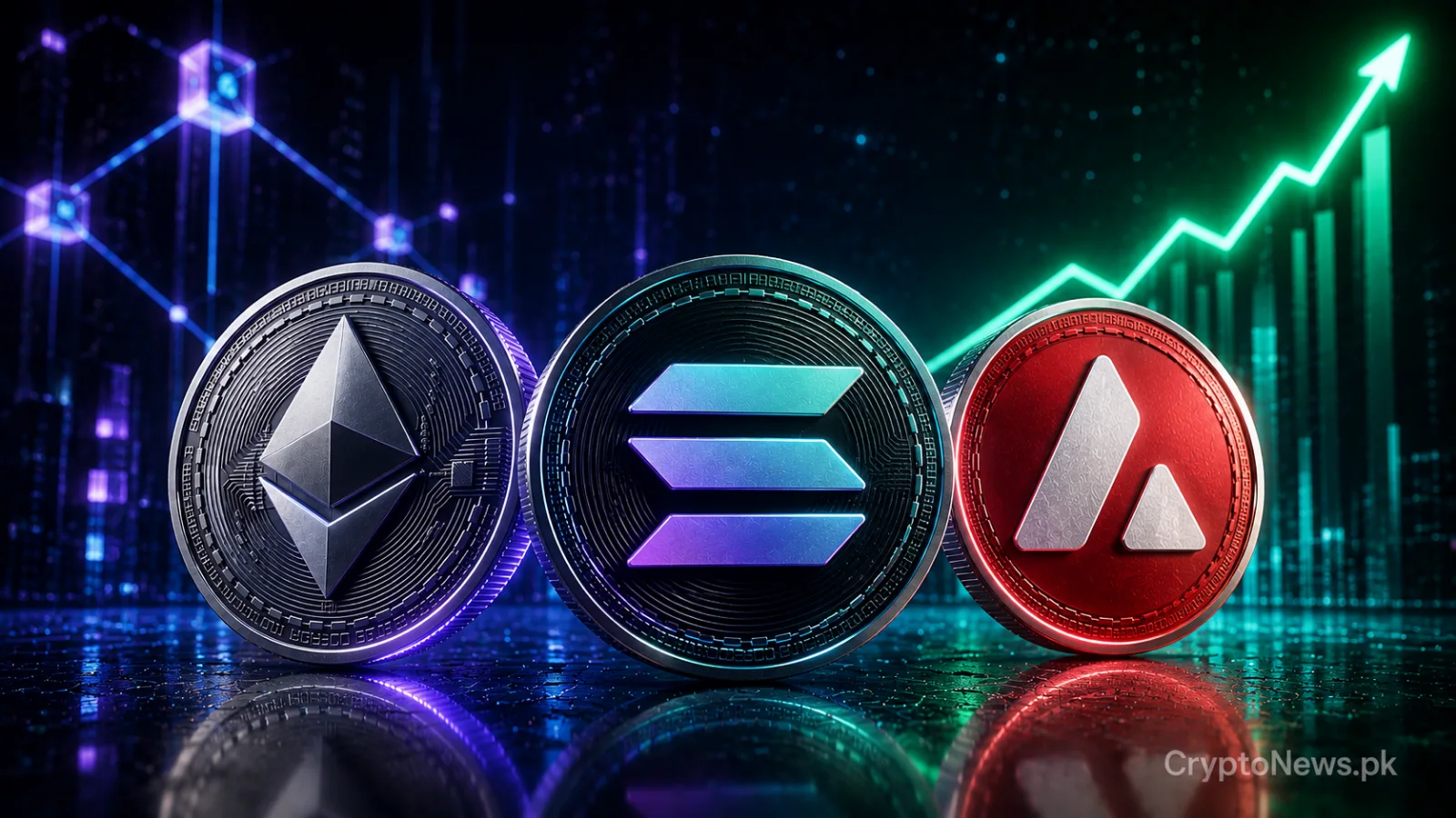 Ethereum, Solana and Avalanche coins connected by a glowing blockchain network while crypto prices decline in the background.