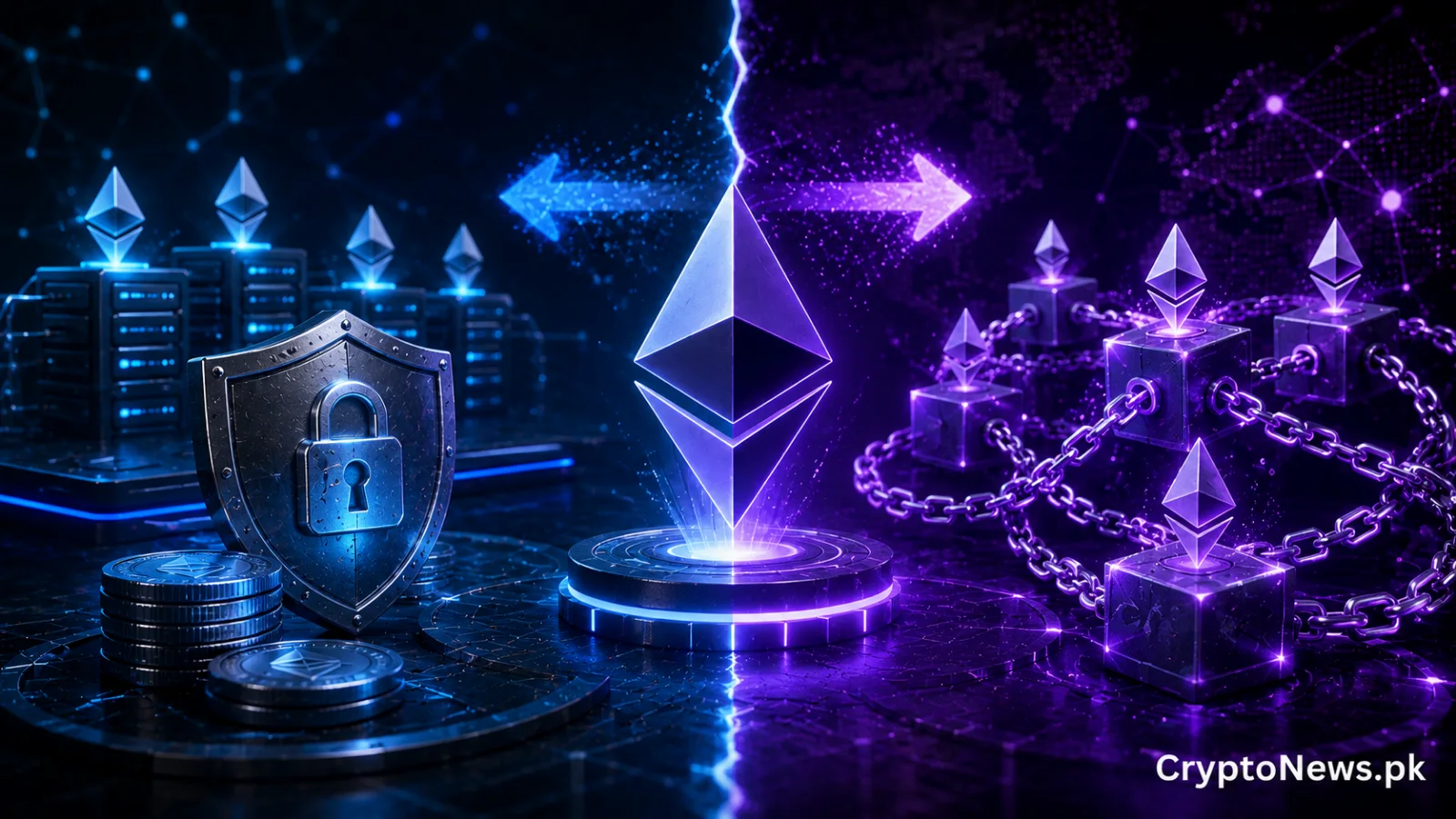 Ethereum staking and restaking split into separate paths, symbolizing Ether.fi’s move to isolate weETH from higher-risk restaking exposure