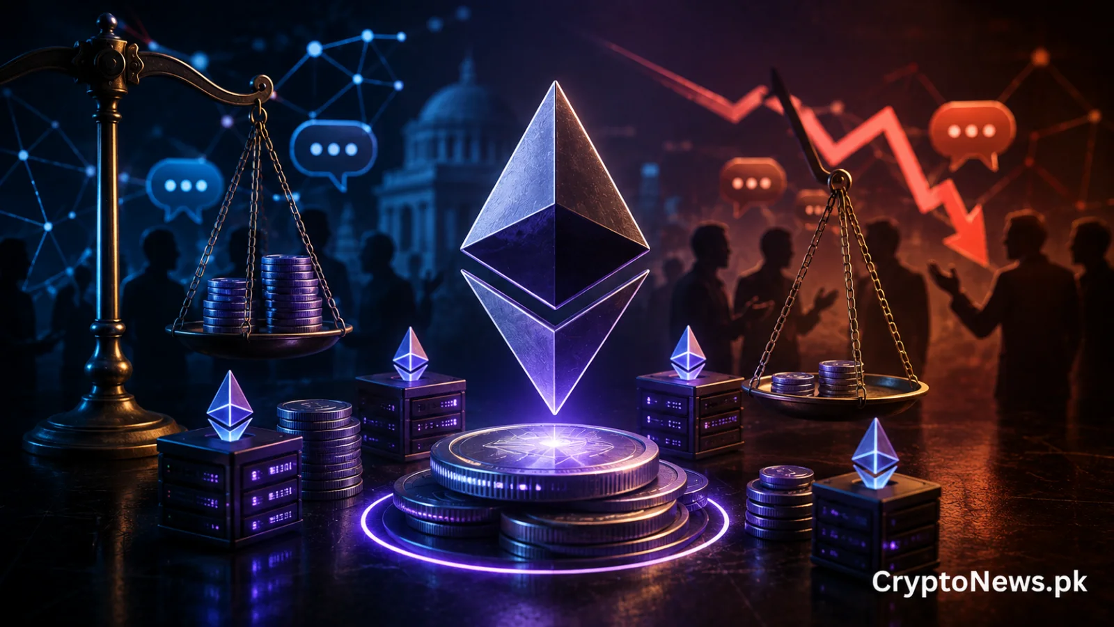 Ethereum staking economics debate surrounding EIP-8363, illustrated with ETH, validator nodes, balance scales and market indicators.