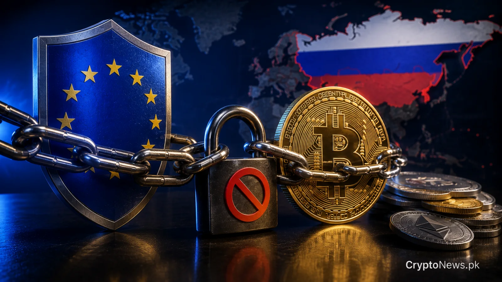 EU shield and chained Bitcoin coin representing sanctions on Russian crypto platform