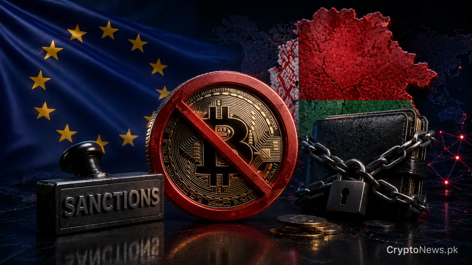 EuChained کرپٹو والیٹ اور Bitcoin کا نشان جو ریگولیٹڈ کرپٹو فرموں میں بیلاروسی ملکیت پر یورپی یونین کی پابندیوں کو ظاہر کرتا ہے