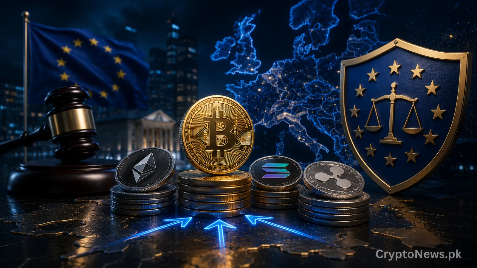 Metallic crypto tokens merging under European regulation, symbolizing MiCA-driven industry consolidation.
