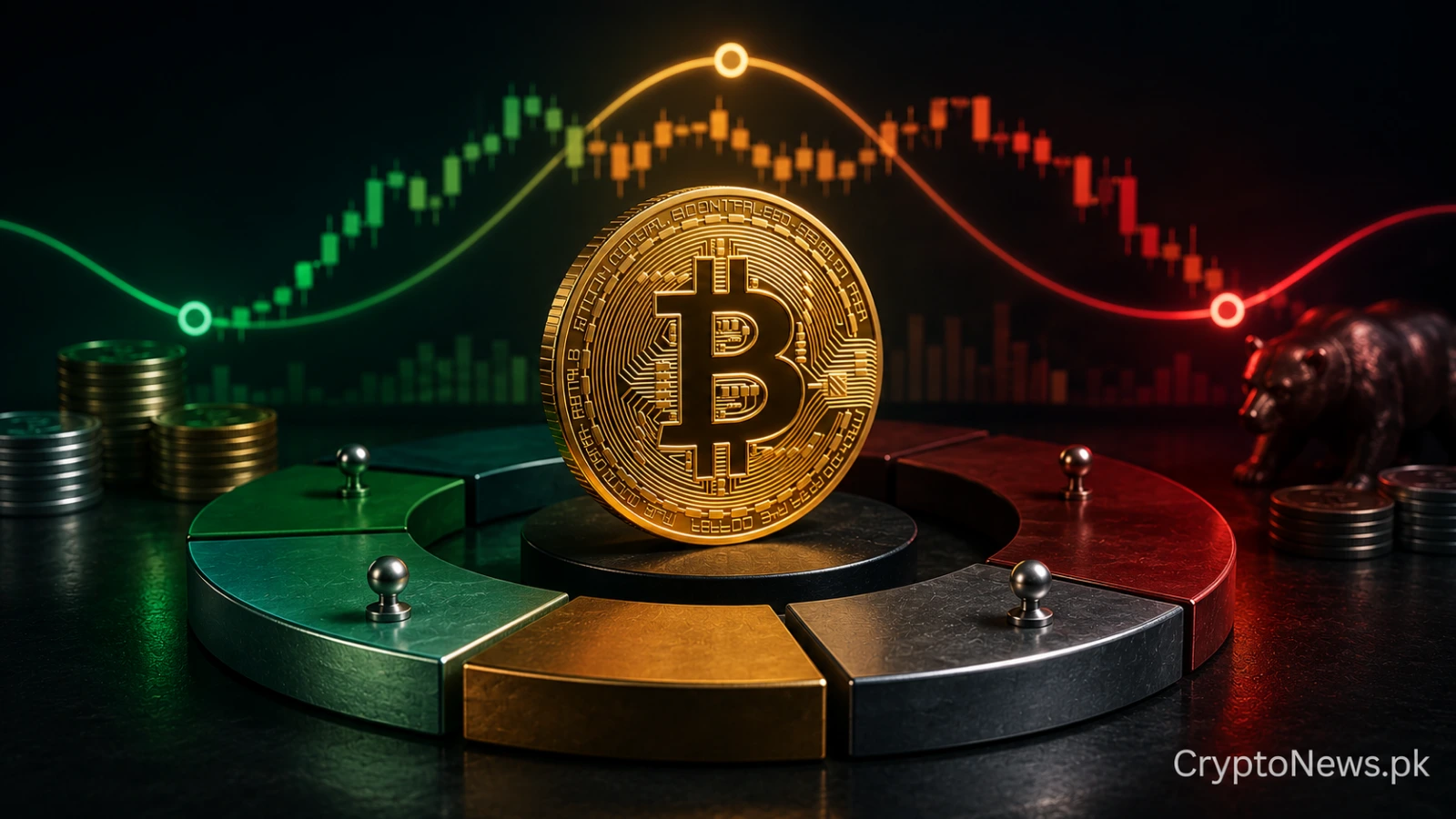 Bitcoin coin positioned within a diversified portfolio allocation ring, illustrating risk-managed Bitcoin sizing across changing market cycles.