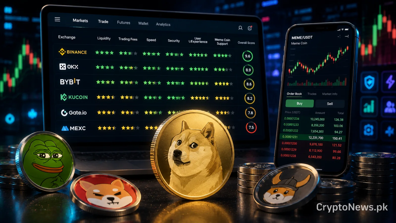 Meme coin tokens on a high-speed crypto exchange platform highlighting liquidity, security and execution performance.