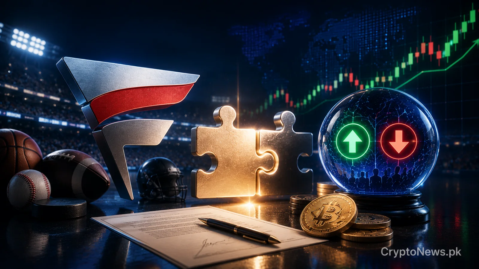 Metallic sports trophy merging with a regulated prediction market exchange, symbolizing Fanatics’ strategic expansion into event-based trading.
