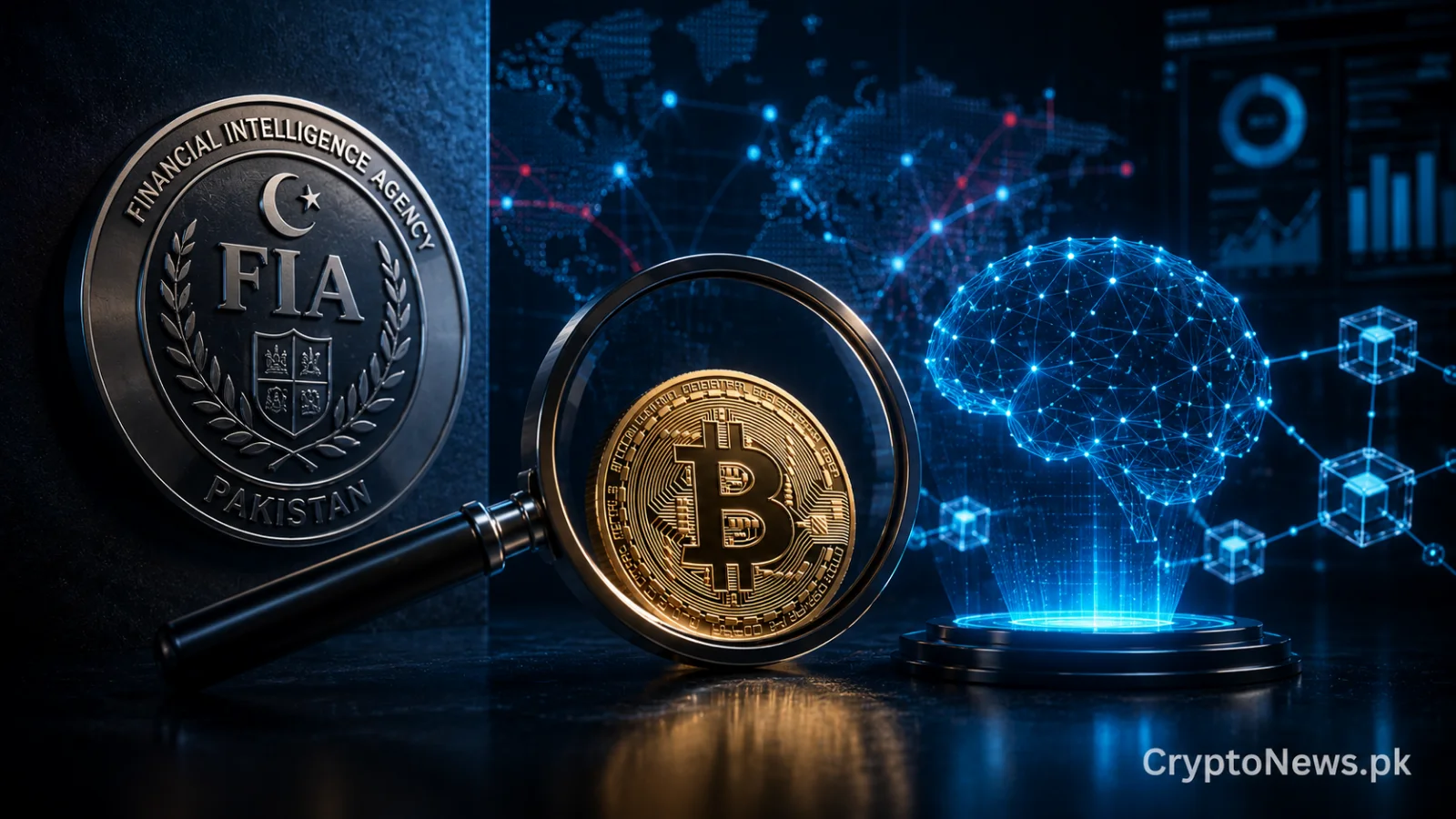 AI-powered blockchain surveillance shield tracing suspicious cryptocurrency transactions in Pakistan.