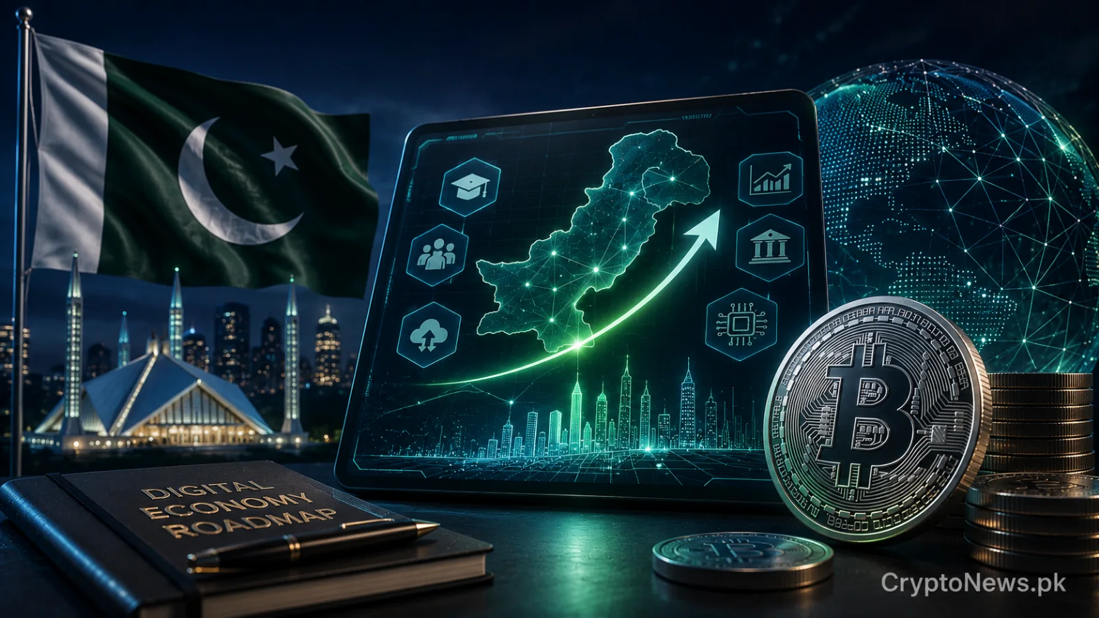 پاکستان کا دھاتی نقشہ جو بلاک چین اور ڈیجیٹل فنانس نیٹ ورک سے جڑا ہے، جو حکومت کے PVARA ڈیجیٹل معیشت روڈ میپ کی عکاسی کرتا ہے۔