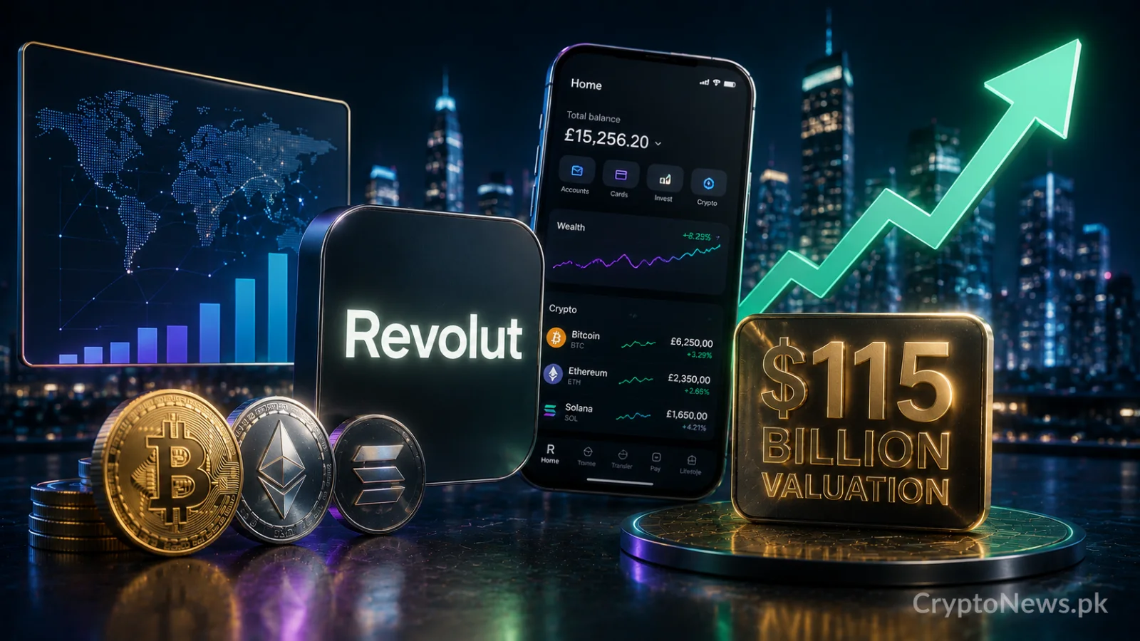 Metallic bull, global fintech network and rising market arrow symbolizing Revolut’s $115 billion valuation after its employee share sale
