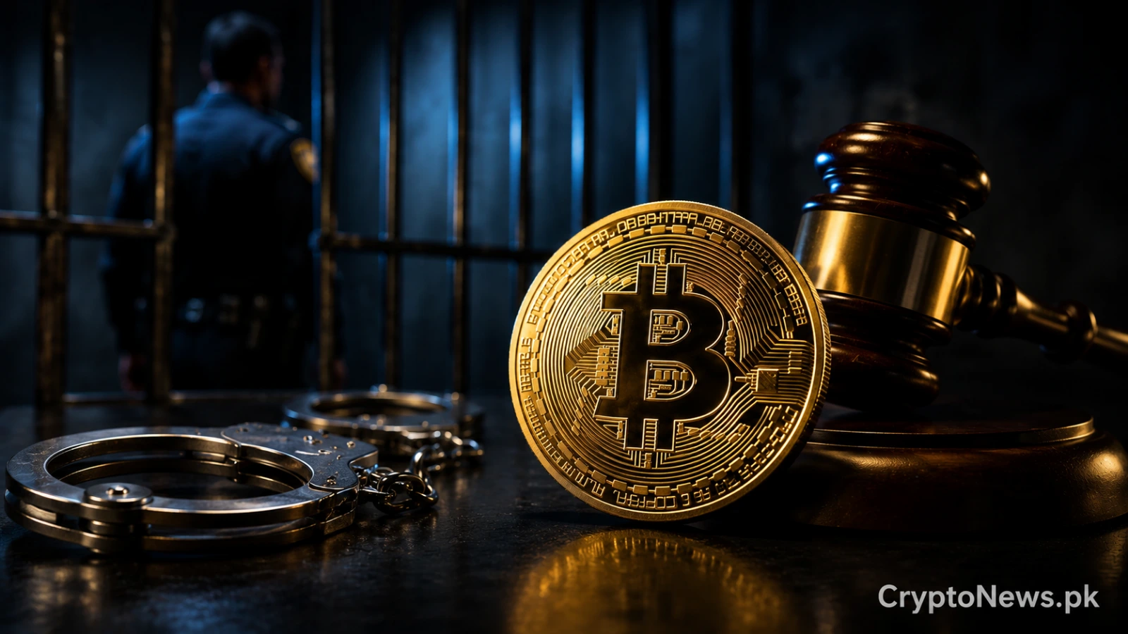Golden Bitcoin beside handcuffs and a judge’s gavel, symbolizing a life sentence in a violent cryptocurrency kidnapping case