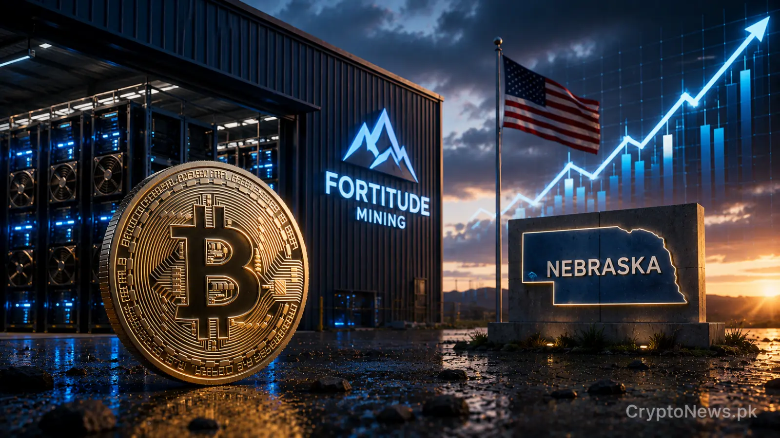 Silver Zcash coin in front of a modern Nebraska mining facility, symbolizing Fortitude Mining’s infrastructure expansion and public listing ambitions.