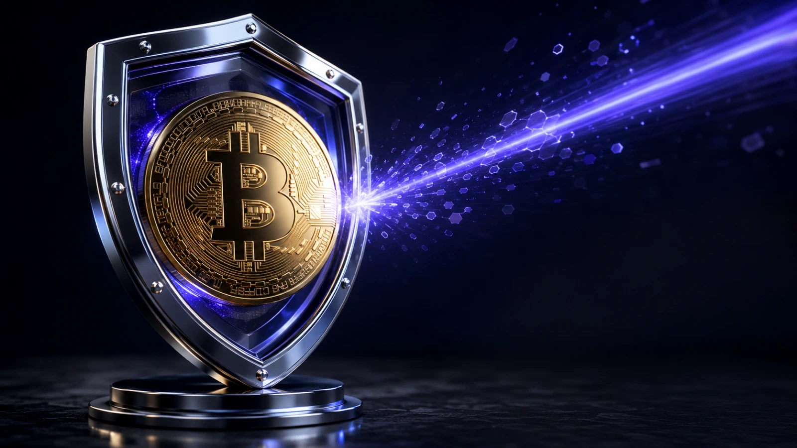 Gold Bitcoin protected by a chrome shield deflecting a quantum-computing threat.