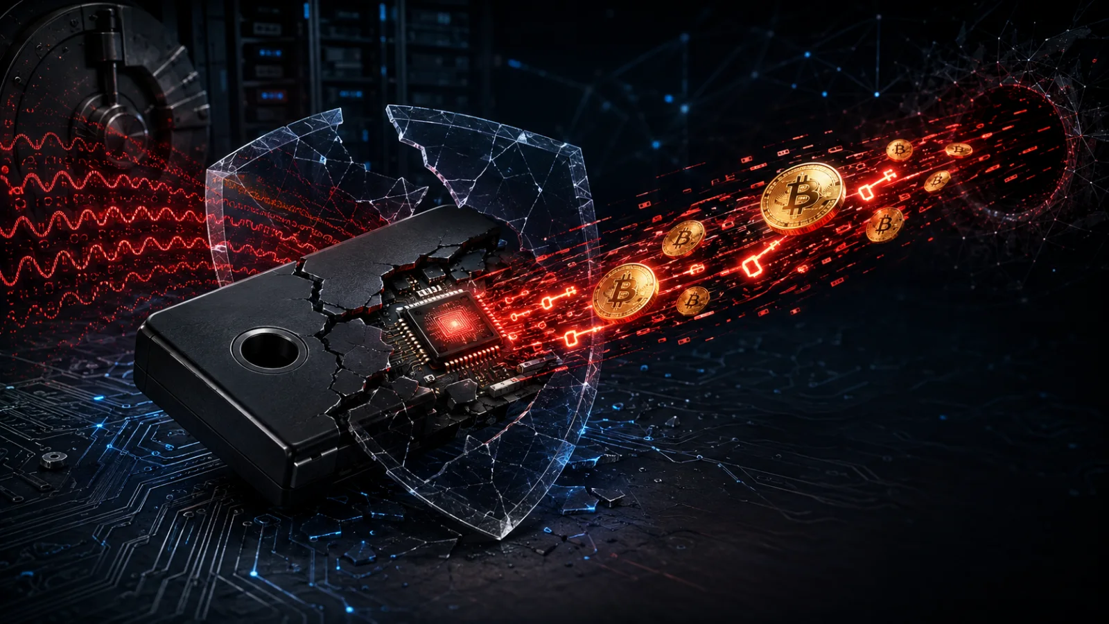 Bitcoin draining from a cracked hardware wallet after a critical seed-generation flaw.