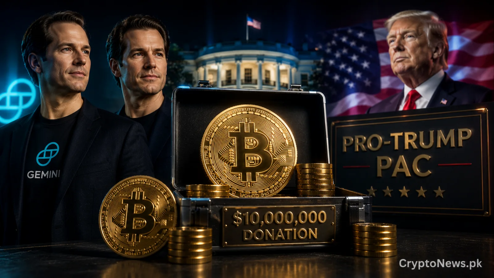 Gemini founders beside a Bitcoin-filled donation case with Donald Trump and the White House in the background