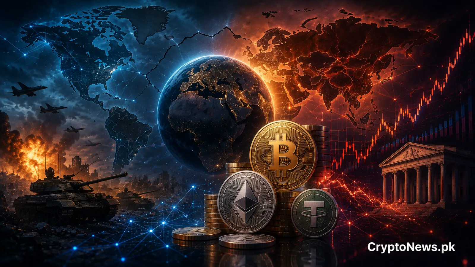 alt text
Global geopolitical tensions impact Bitcoin and digital asset markets, illustrated by cryptocurrency, global conflict and volatile financial charts.
