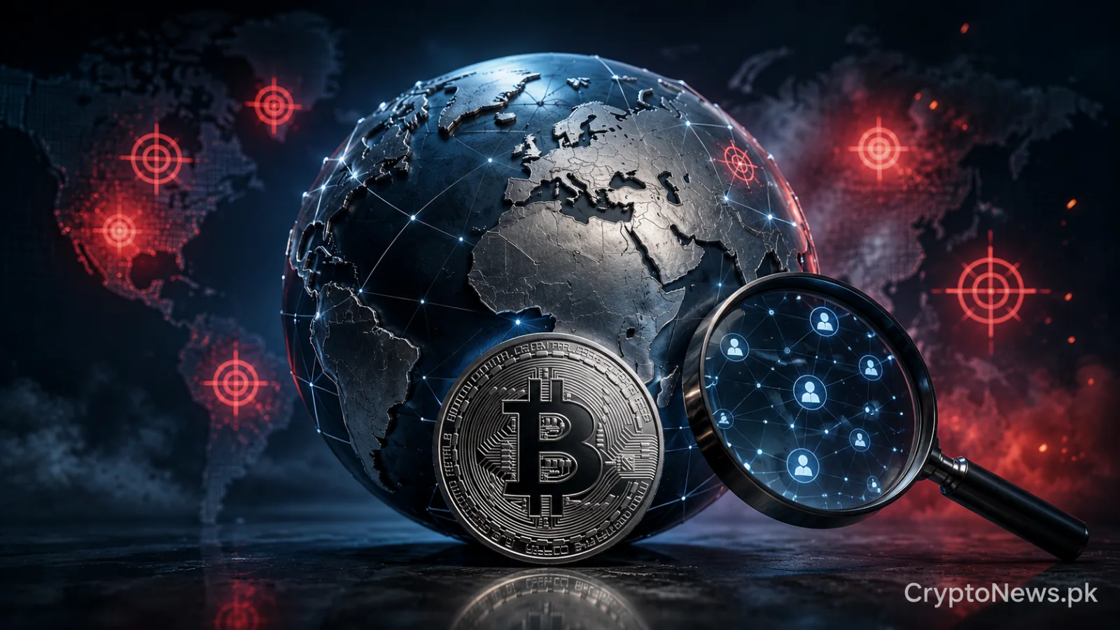 A metallic globe wrapped in glowing financial network lines beneath regulatory surveillance, symbolizing cross-border crypto monitoring amid geopolitical tensions.
