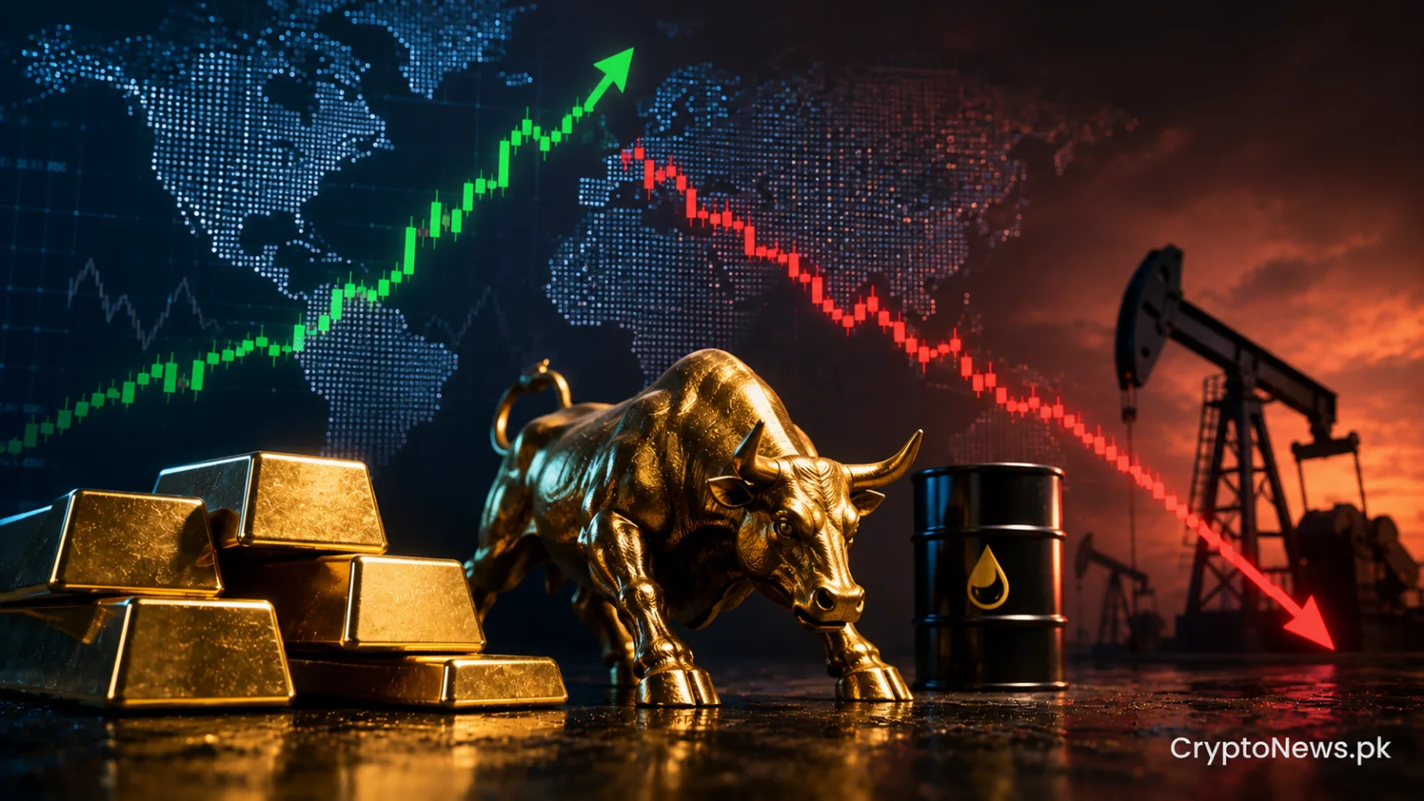 A polished gold bar rising beside a falling oil barrel, symbolizing gold’s rebound and declining global energy prices