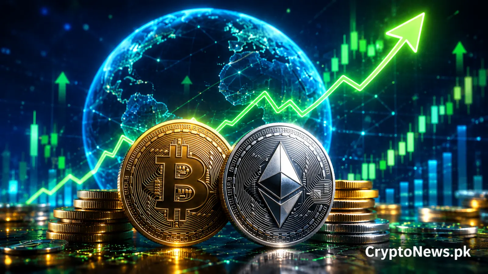 Bitcoin and Ethereum coins in front of a rising global market chart, illustrating a broad crypto rally driven by stronger liquidity and short liquidations.