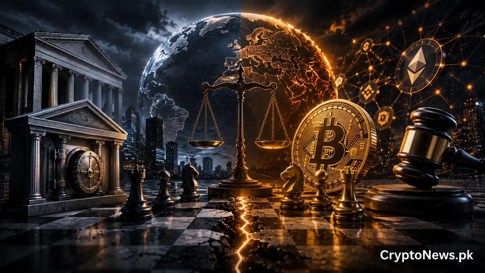 Global crypto regulation reshapes competition between digital assets and traditional banking, represented by Bitcoin, a bank vault, justice scales and a regulatory gavel.