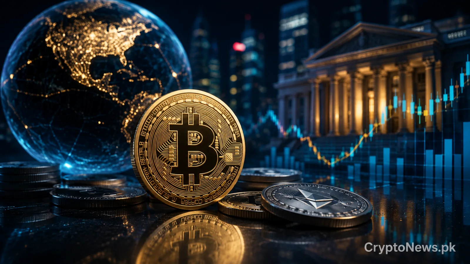 Bitcoin and Ethereum coins with a global market chart and institutional finance backdrop.