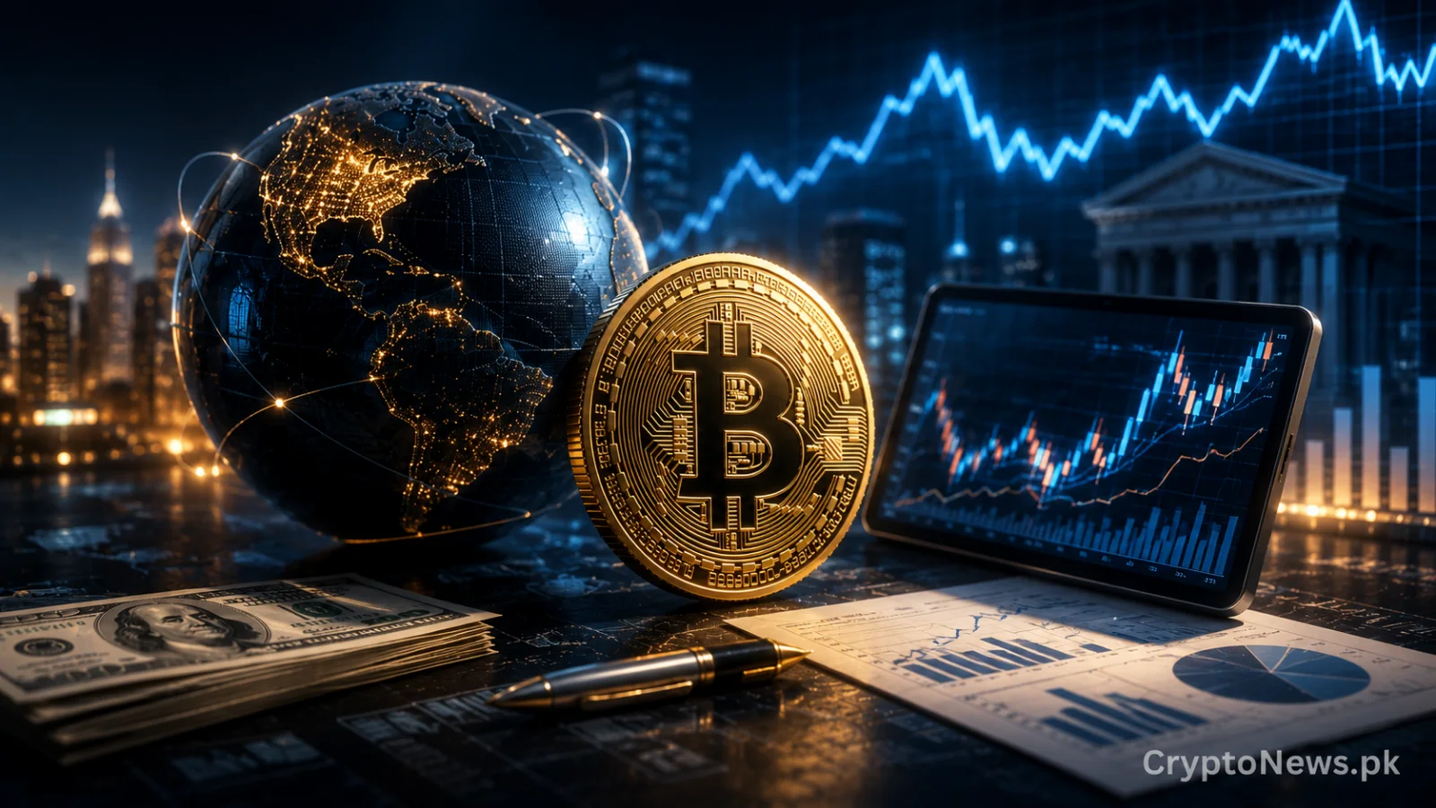 Golden Bitcoin amid global central bank and earnings signals influencing crypto market volatility.
