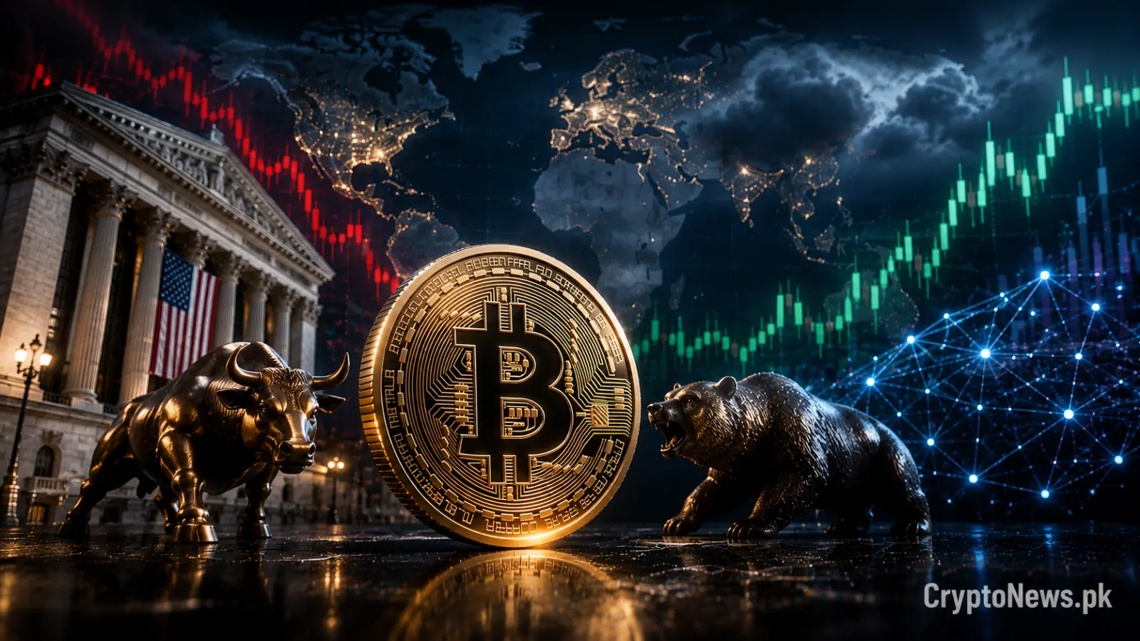 Metallic Bitcoin coin between traditional stock market charts and digital crypto trading signals, representing global macro volatility.