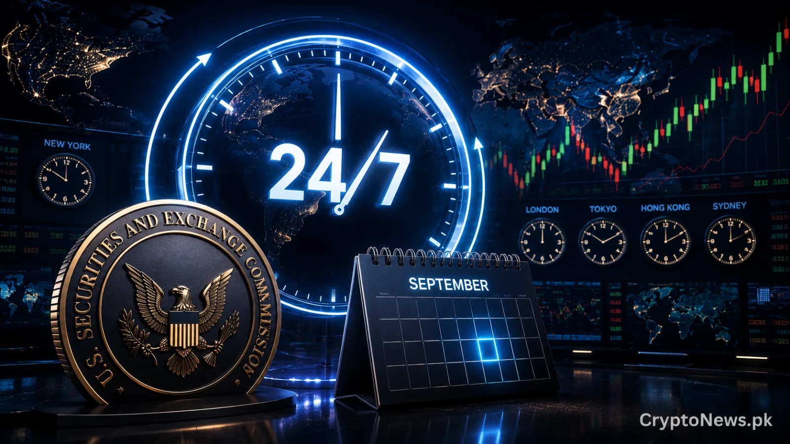Glowing global market clock and regulatory seal symbolizing SEC discussions on round-the-clock stock trading