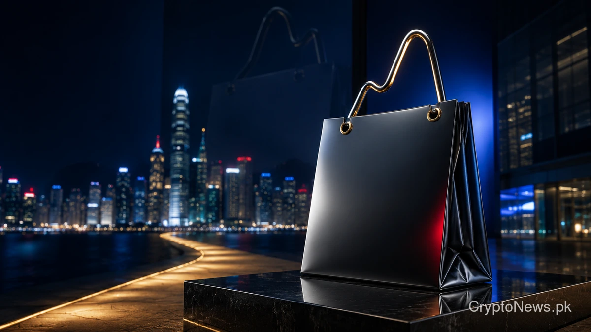Metallic retail shopping bag overlooking Hong Kong as Shein targets a $26.5 billion IPO valuation.
