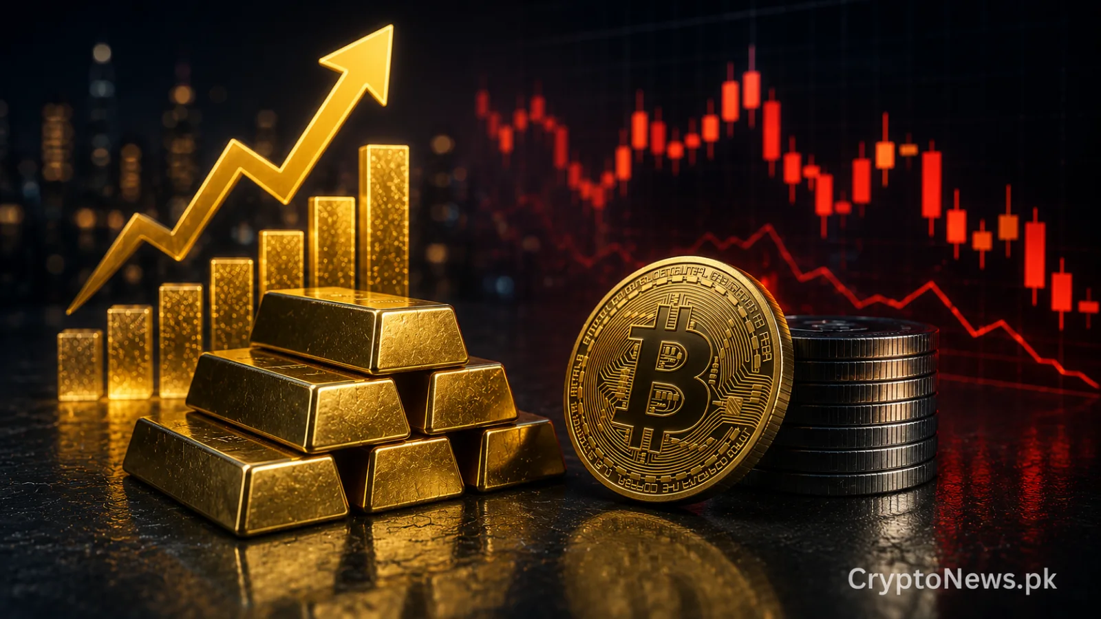 market divergence concept showing rising gold bars beside a stationary Bitcoin coin, reflecting gold’s six-week high while Bitcoin consolidates near $64,000.