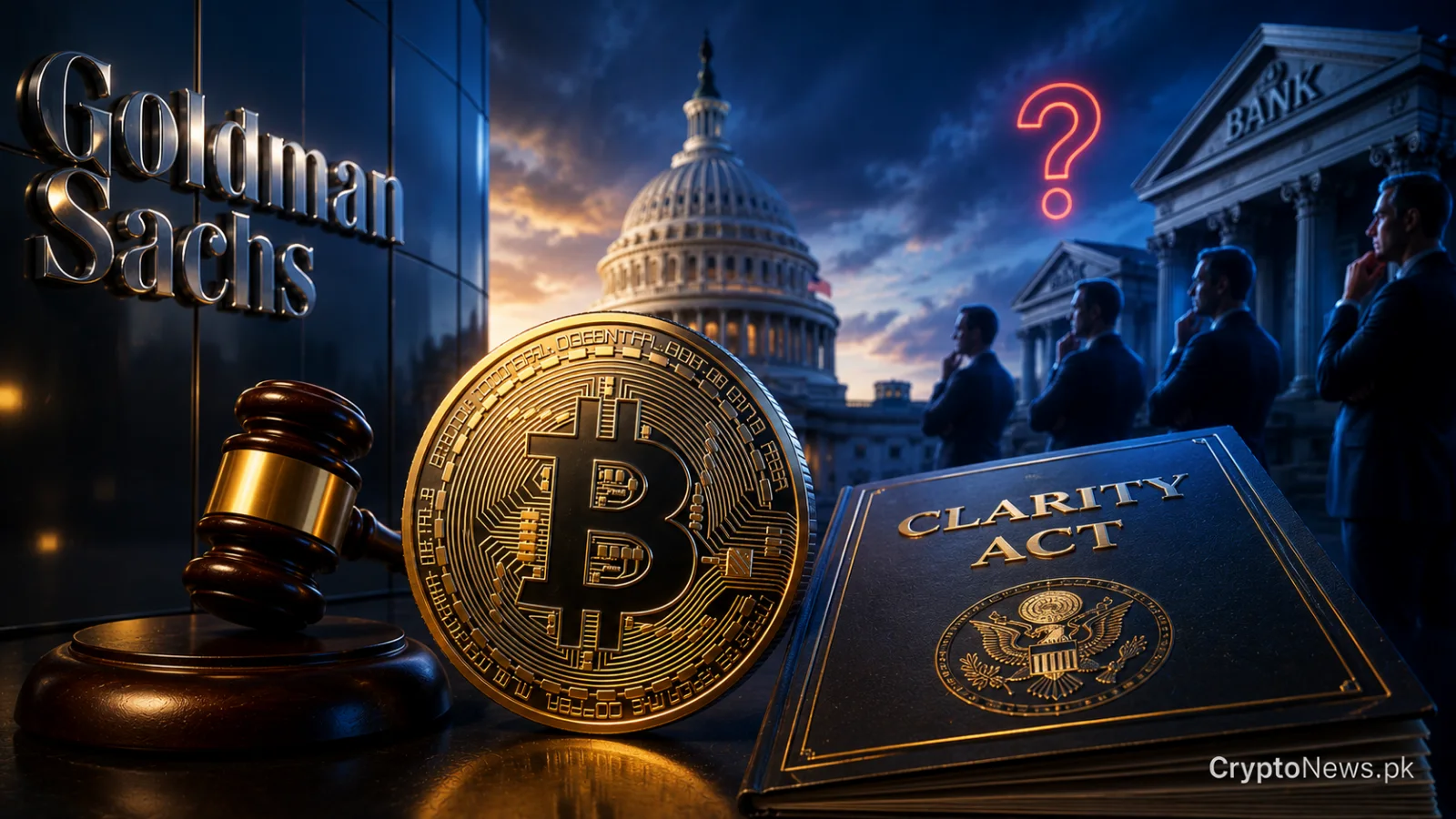 Bitcoin, a legal gavel and banking figures illustrating institutional support for clearer US crypto regulation.