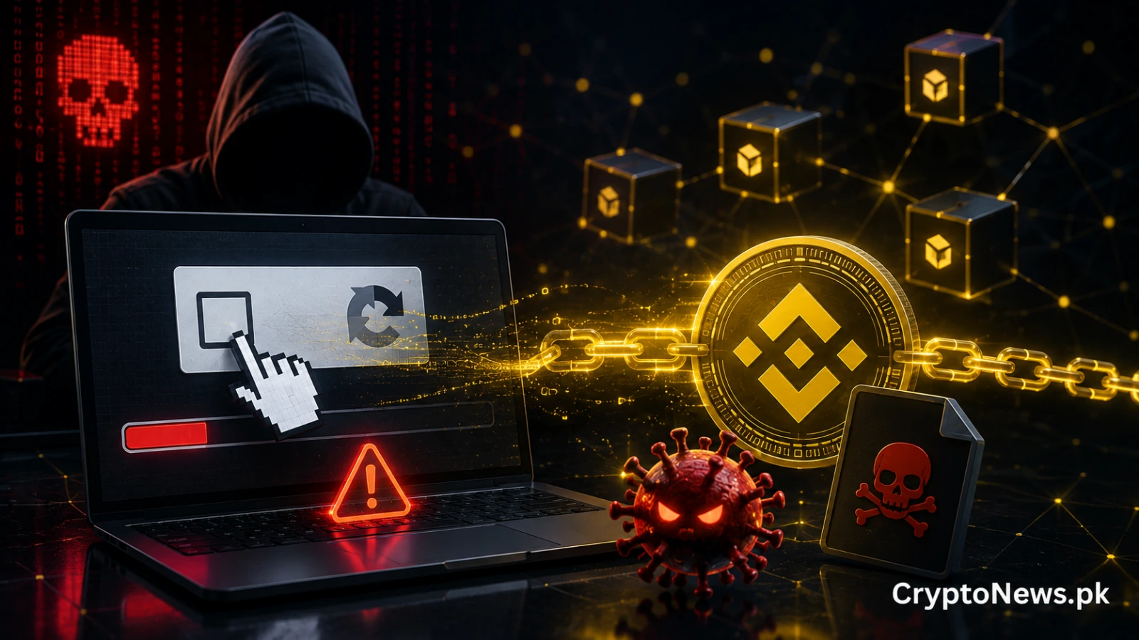 BNB Chain پر ہیکرز کی جانب سے جعلی CAPTCHA کے ذریعے میلویئر پھیلانے کا منظر جس میں متاثرہ لیپ ٹاپ دکھایا گیا ہے۔