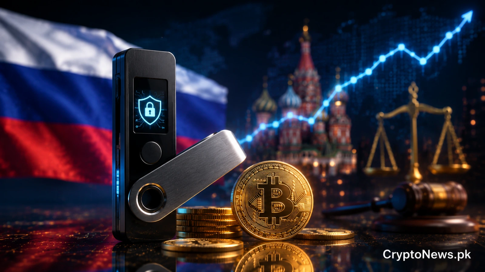 Hardware crypto wallet and Bitcoin against a Russian backdrop, highlighting surging self-custody demand ahead of regulatory changes.