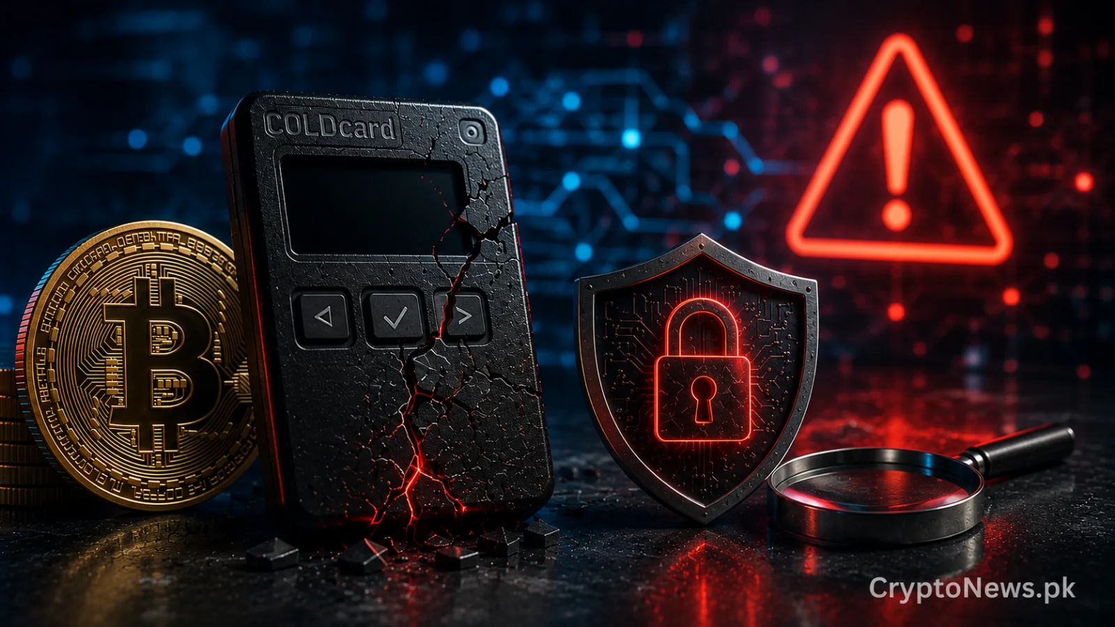 Bitcoin hardware wallet security concept showing a cracked cold-storage device and vulnerable private-key generation, reflecting Coldcard entropy concerns and self-custody risks.
