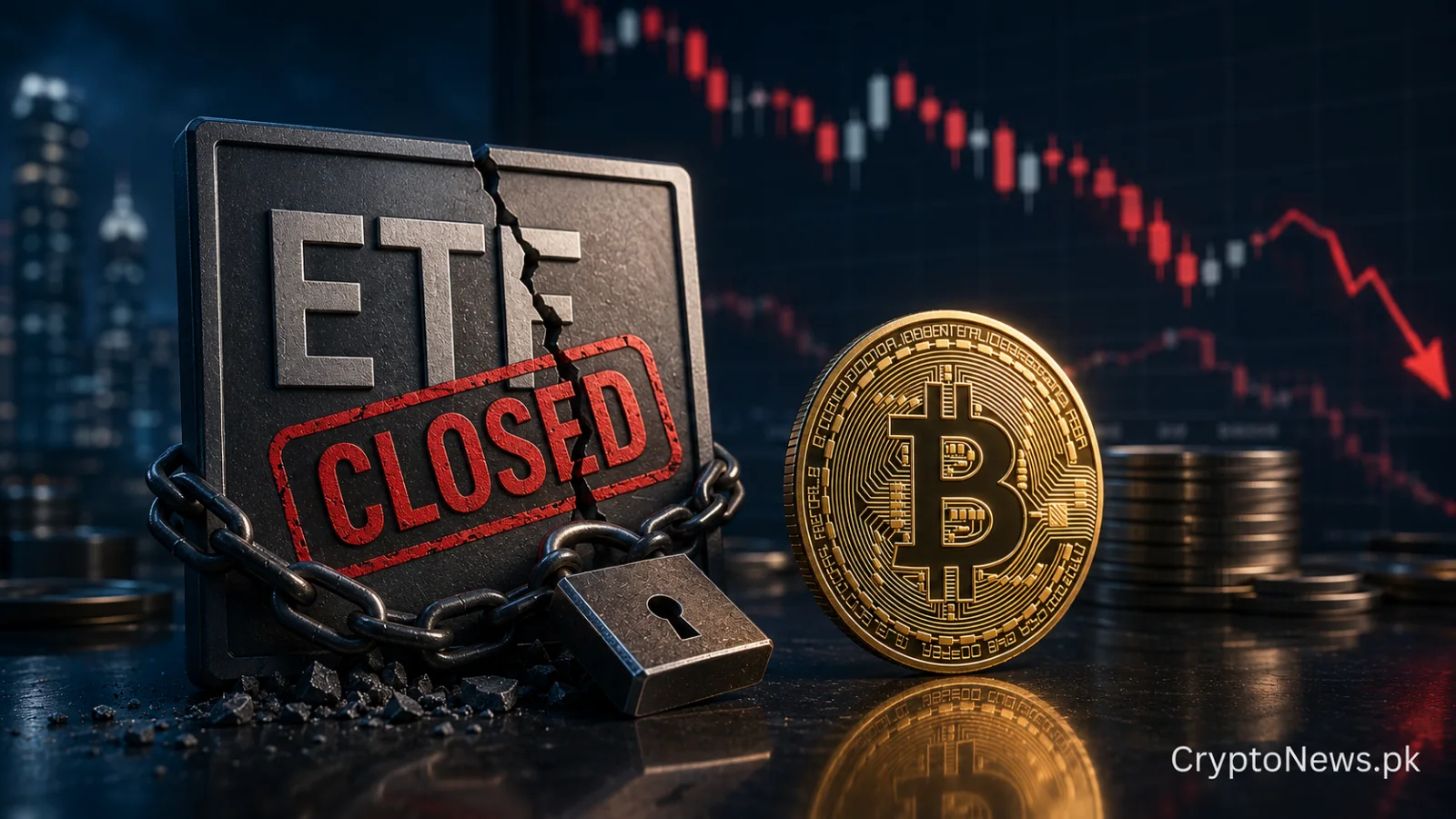 A Bitcoin ETF vault closes as liquidity shifts toward larger funds during intensifying market consolidation.