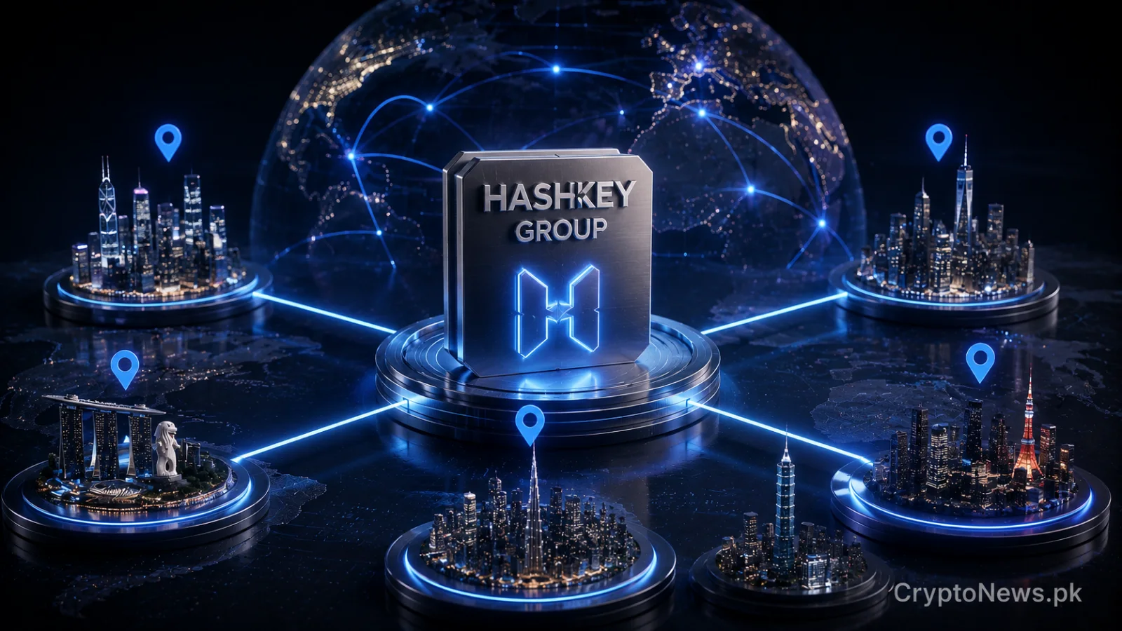 Metallic global crypto exchange hub merging regional blockchain networks, symbolizing HashKey Group’s unified platform for deeper liquidity, security and compliance.