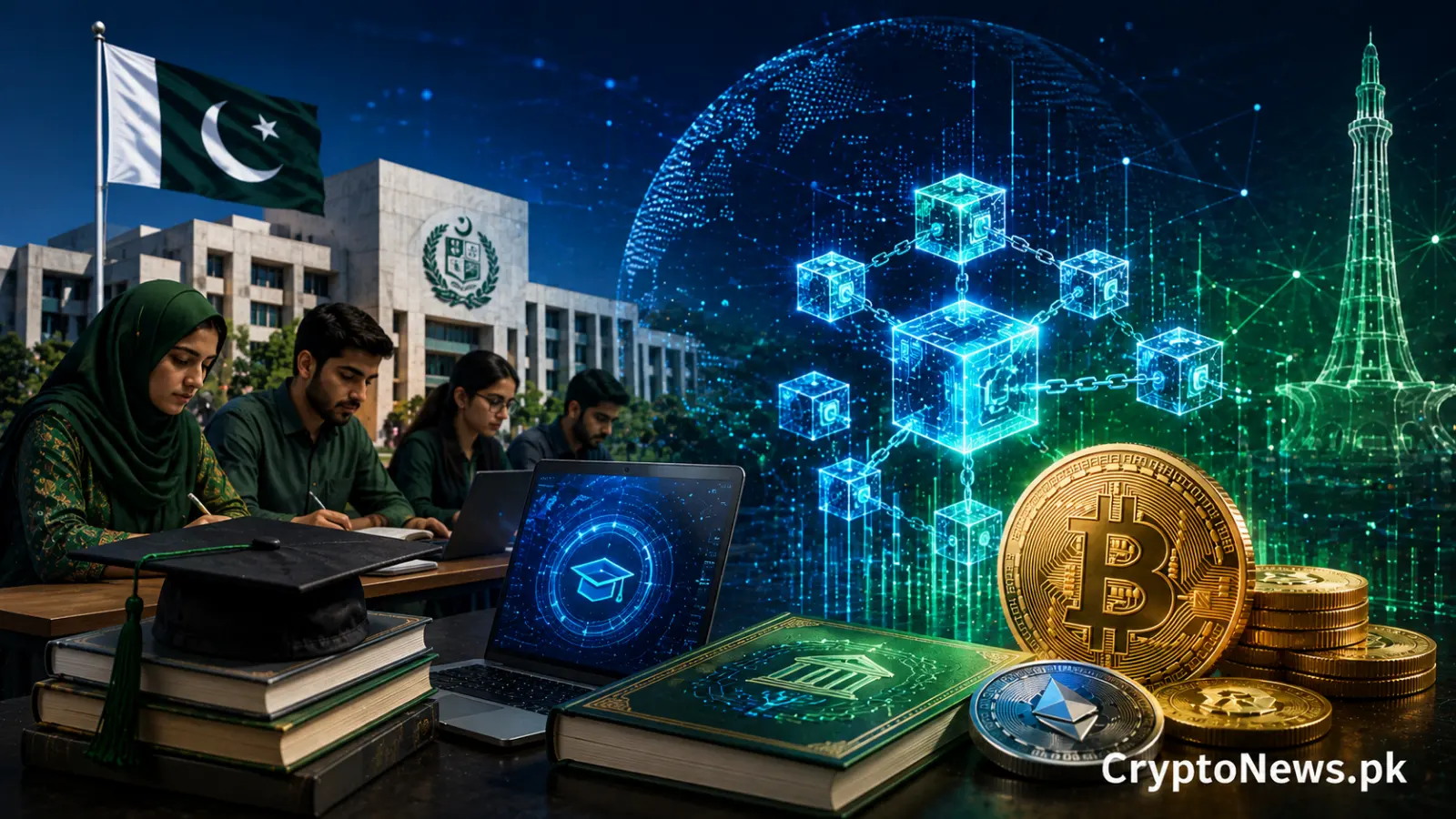 Pakistani university students studying blockchain and cryptocurrency, illustrating HEC plans to introduce digital asset education across higher education institutions.