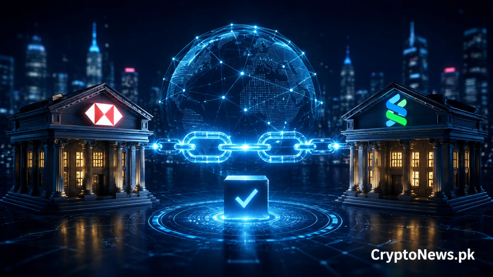 HSBC and Standard Chartered represented by connected banks and a glowing blockchain network, illustrating Swift’s first live cross-border blockchain transaction