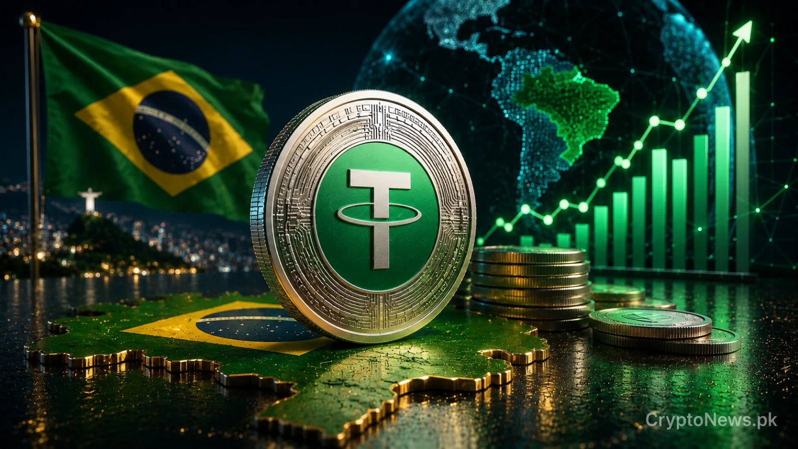 Silver dollar-backed stablecoin above a glowing map of Brazil, symbolizing rapid cross-border stablecoin growth and IMF financial stability monitoring.