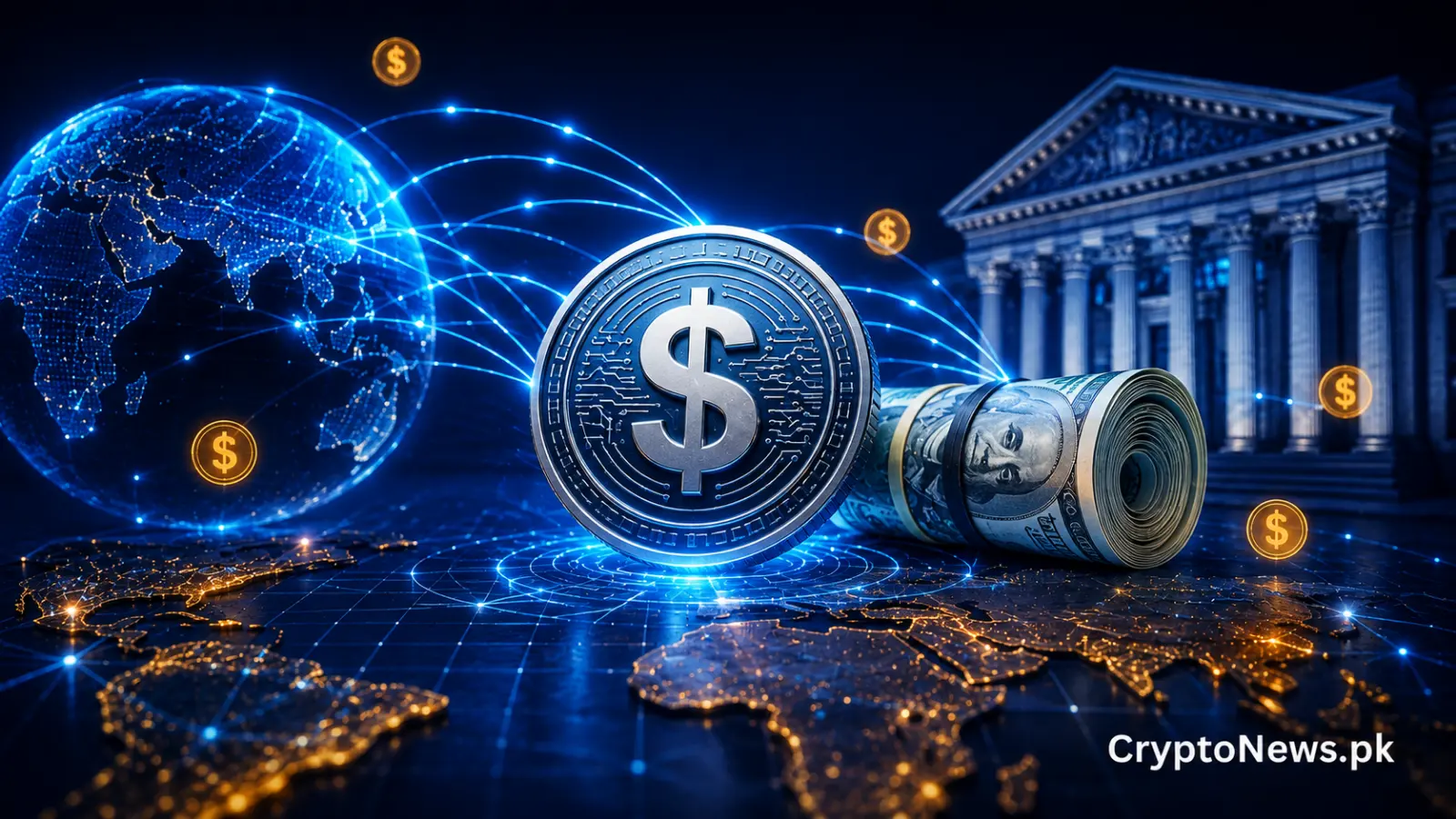 Digital dollar stablecoin connected to a global financial network, illustrating the IMF view that domestic stablecoins could strengthen worldwide demand for the U.S. dollar.Backed Assets